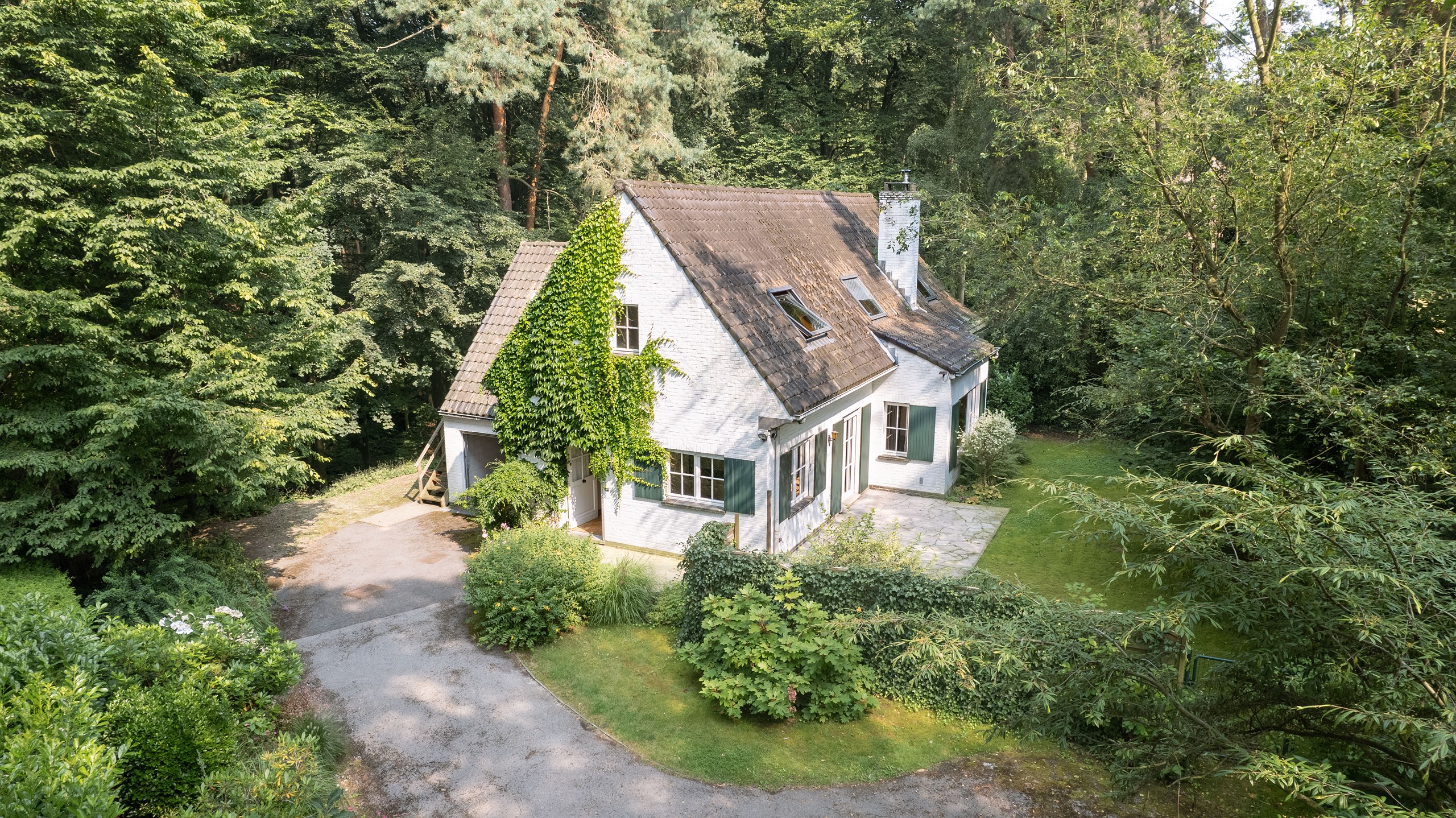 Maisonnette au lierre dans les bois vue par drone, AL Studio