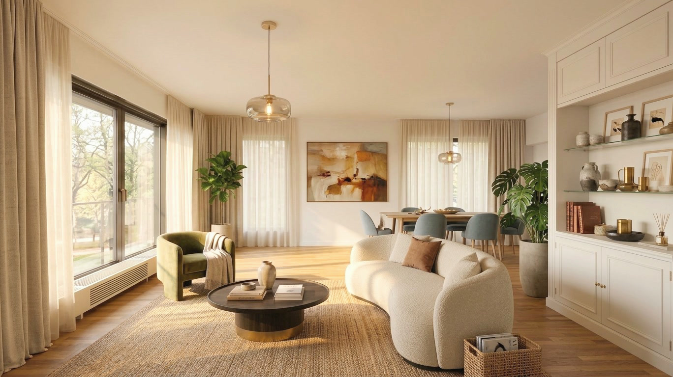 Après : séjour meublé et décoré en home staging virtuel