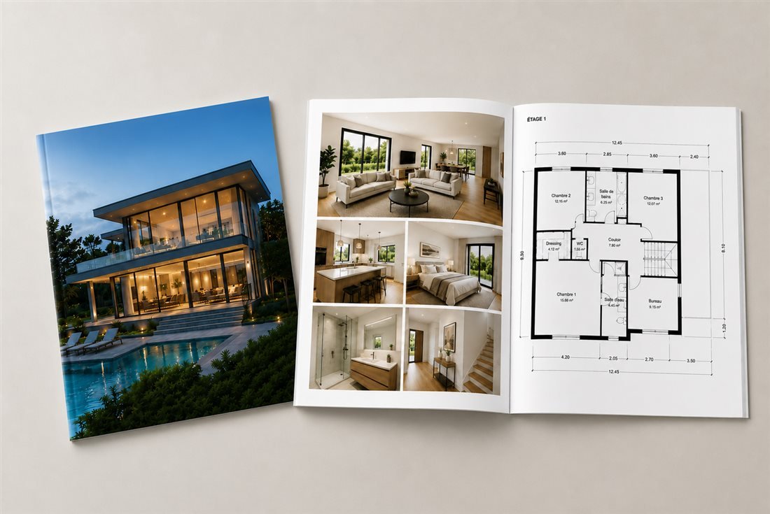 Mini-magazine immobilier ouvert sur les photos et le plan d'un bien