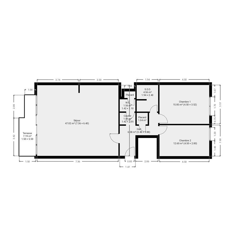 Plan 2D coté d'un appartement réalisé par AL Studio